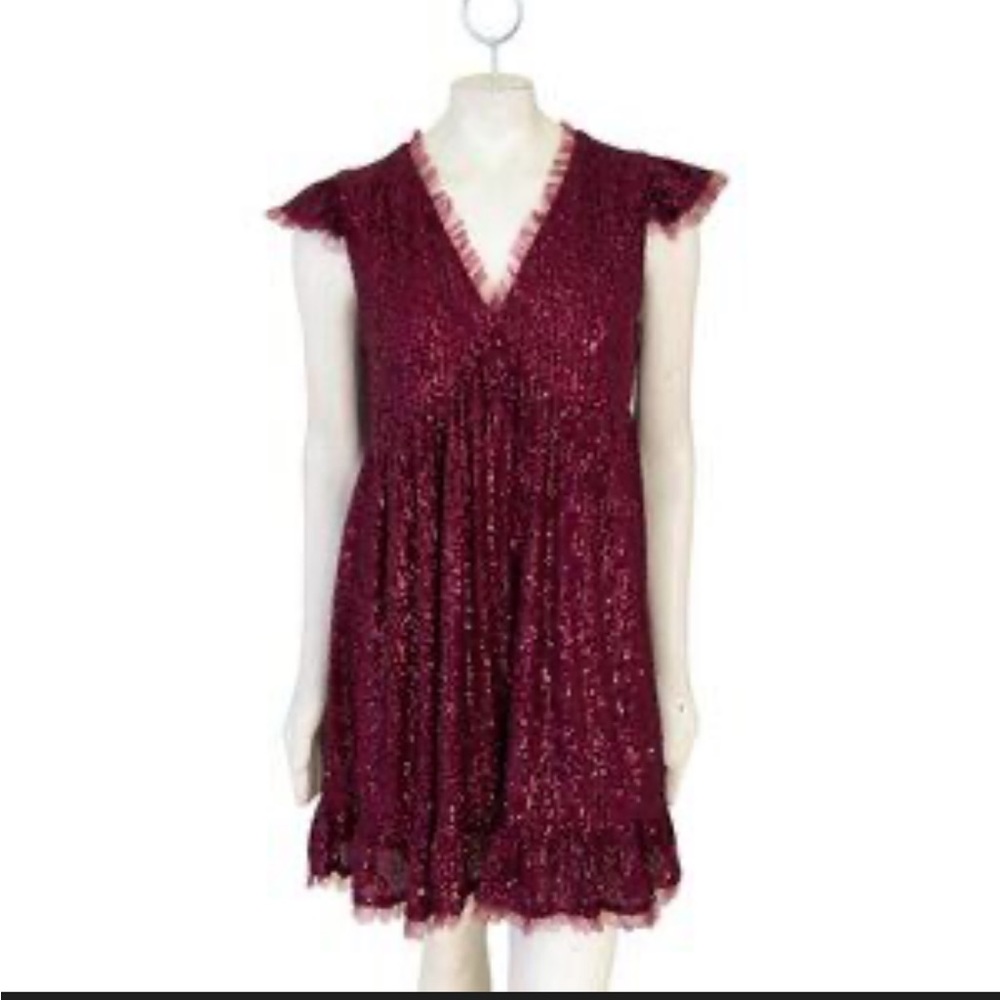 NEW M by MNK Tulle Trimmed Sequin Babydoll Swing Party Dress in Maroon